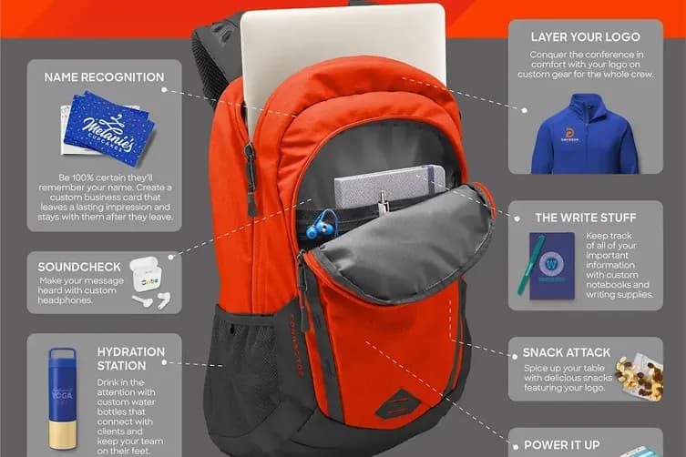 Conference table essentials infographic featuring custom branded gear like backpacks, apparel, pens, and water bottles for trade shows.