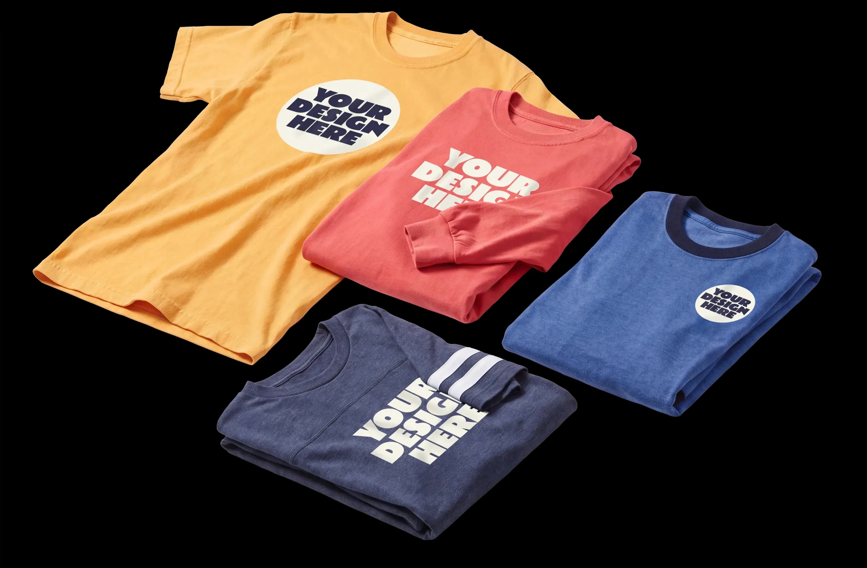 Four folded t-shirts in various colors and styles with 'YOUR DESIGN HERE' placeholders.