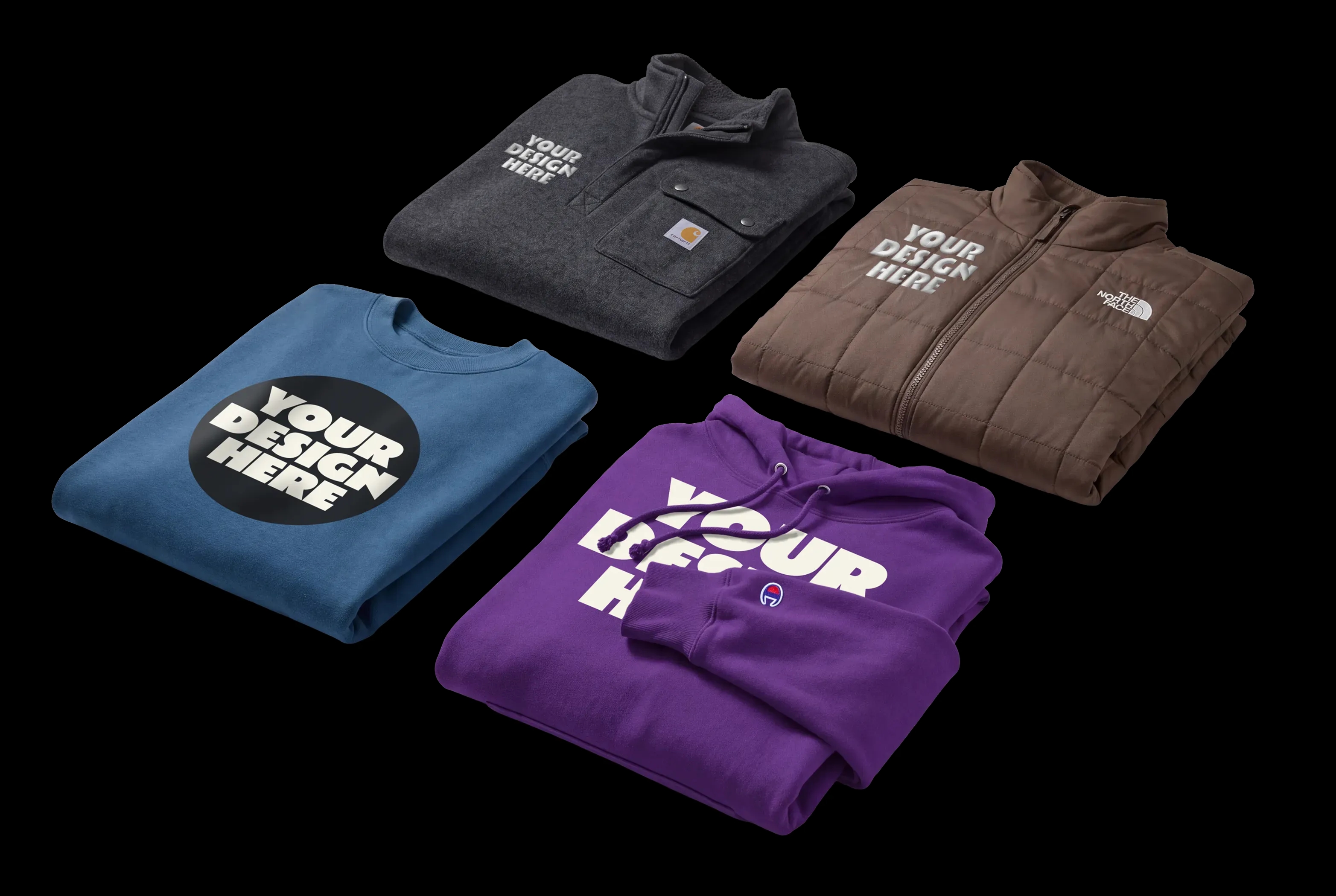 Four folded apparel items (a gray fleece, brown jacket, purple hoodie, and blue sweatshirt) arranged together, each displaying the placeholder text "YOUR DESIGN HERE".