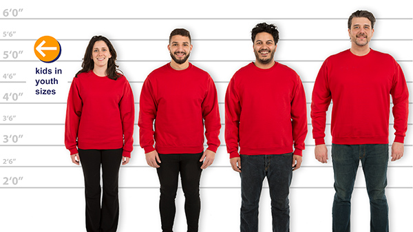 CustomInk.com Sizing Line-Up for Jerzees Super Sweats® 50/50 Crewneck  Sweatshirt - Standard Sizes