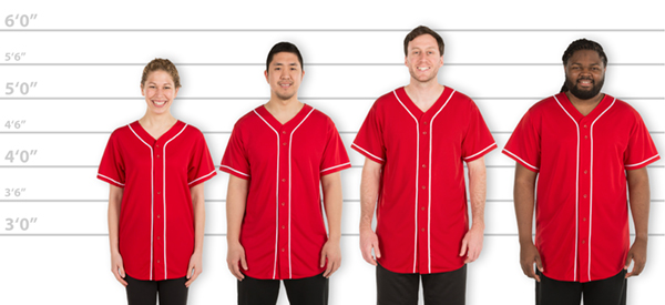 CustomInk.com Sizing Line-Up for Augusta Wicking Mesh Contrast Trim Baseball  Jersey - Standard Sizes