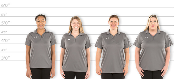 CustomInk.com Sizing Line-Up for Under Armour Women's Tech Polo - Standard  Sizes