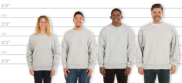 CustomInk.com Sizing Line-Up for Champion Heavyweight Reverse Weave®  Crewneck Sweatshirt - Standard Sizes