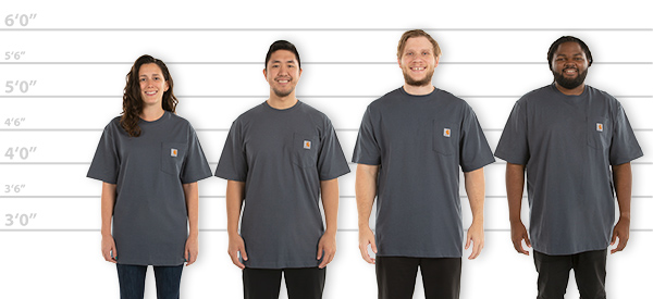 CustomInk.com Sizing Line-Up for Carhartt Workwear Pocket T-Shirt -  Standard Sizes
