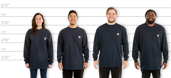 CustomInk.com Sizing Line-Up for Carhartt Workwear Long Sleeve Pocket T- Shirt - Standard Sizes